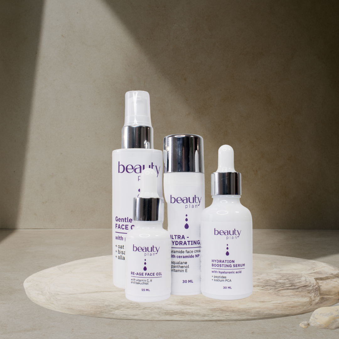 Beauty Plan pilnas rinkinys jautriai odai – prausiklis, serumas, kremas, aliejus