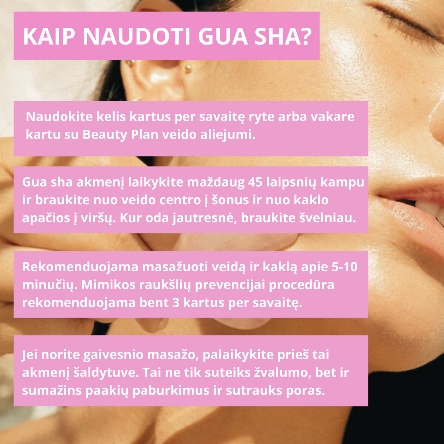 ROŽINIO KVARCO AKMENS VEIDO MASAŽUOKLIS GUA SHA