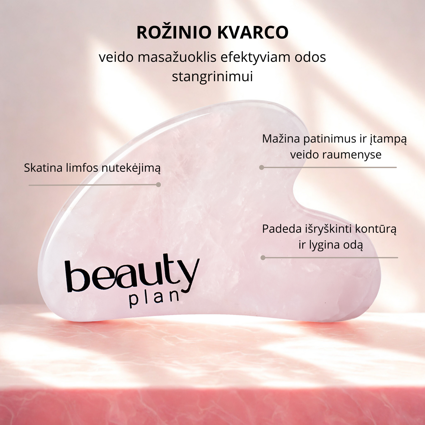 ROŽINIO KVARCO AKMENS VEIDO MASAŽUOKLIS GUA SHA